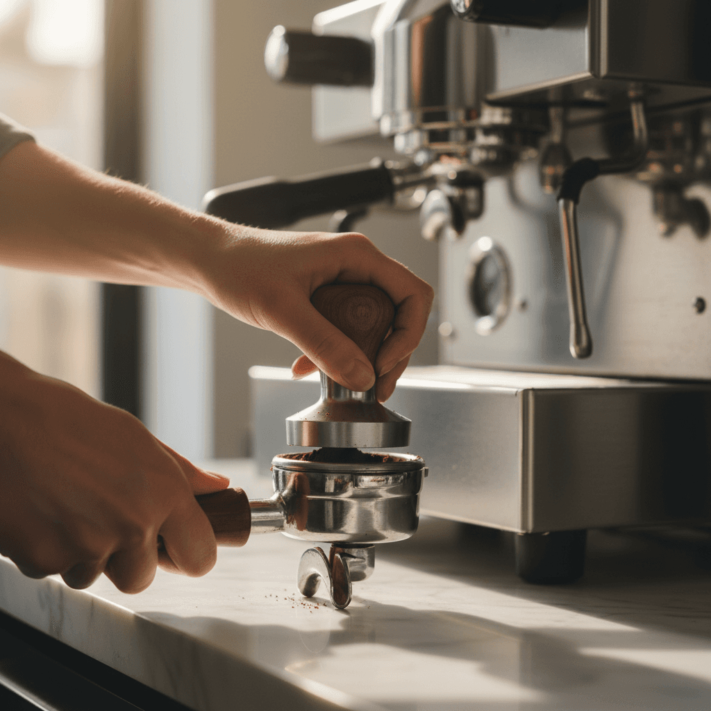 Barista tamping espresso grounds with precision