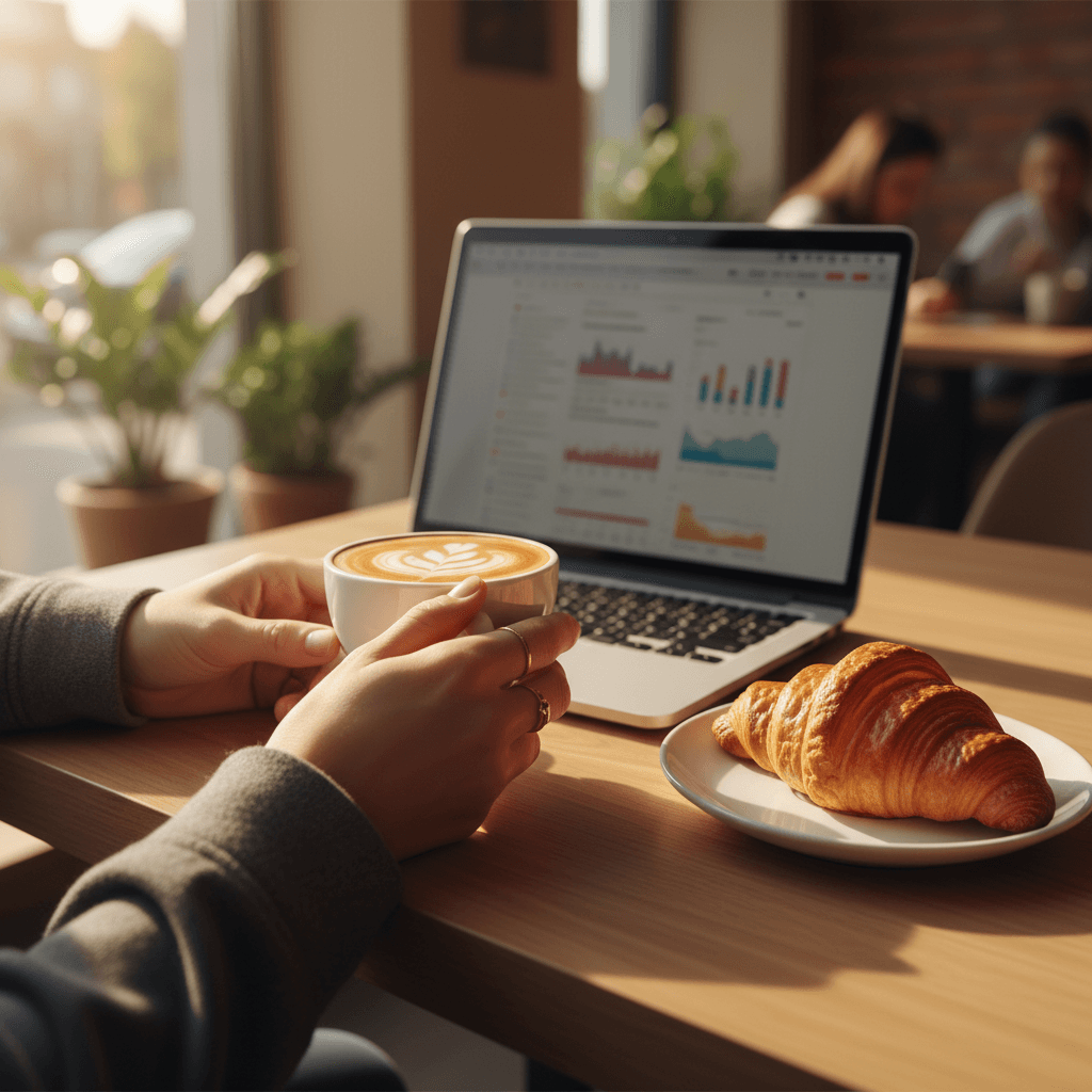 Customer enjoying coffee and working comfortably