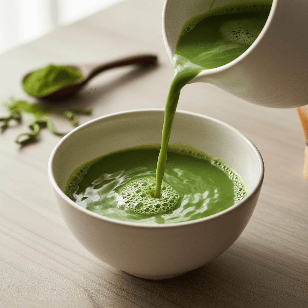 Matcha latte being prepared with careful technique