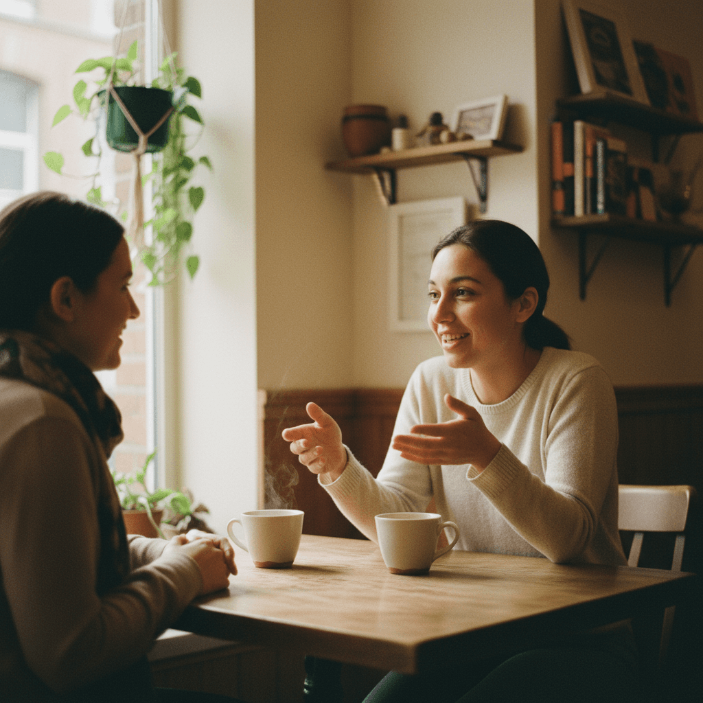 Customers connecting at the café