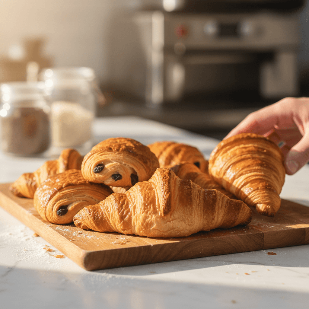Array of fresh pastries and desserts on wooden board