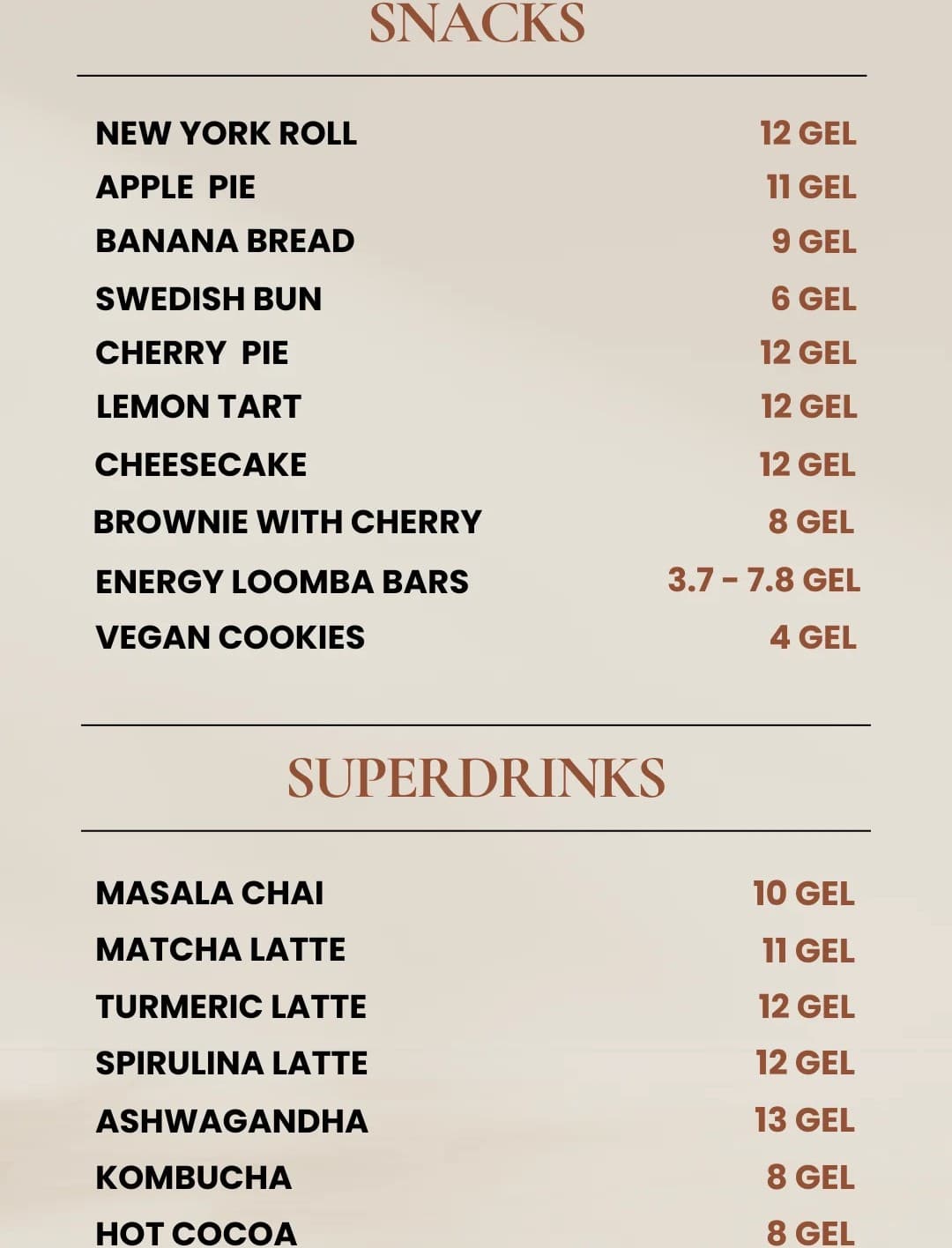 Menu listing various snacks and superdrinks with prices in GEL on a beige background.