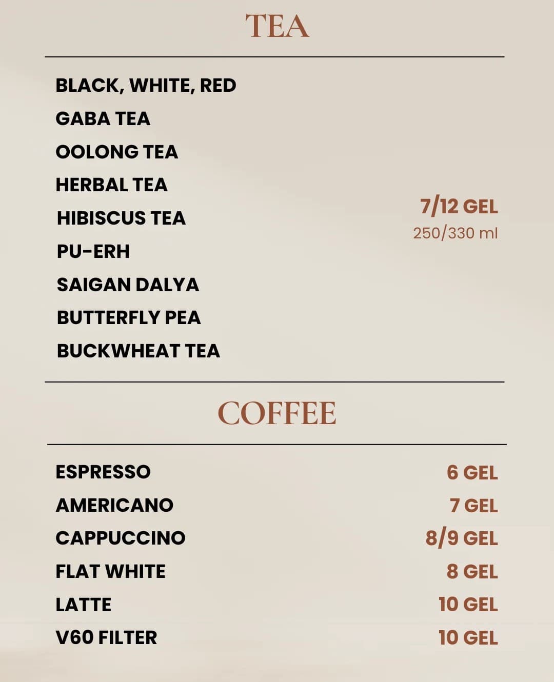 Beige menu listing tea and coffee varieties like oolong and espresso with prices in GEL.