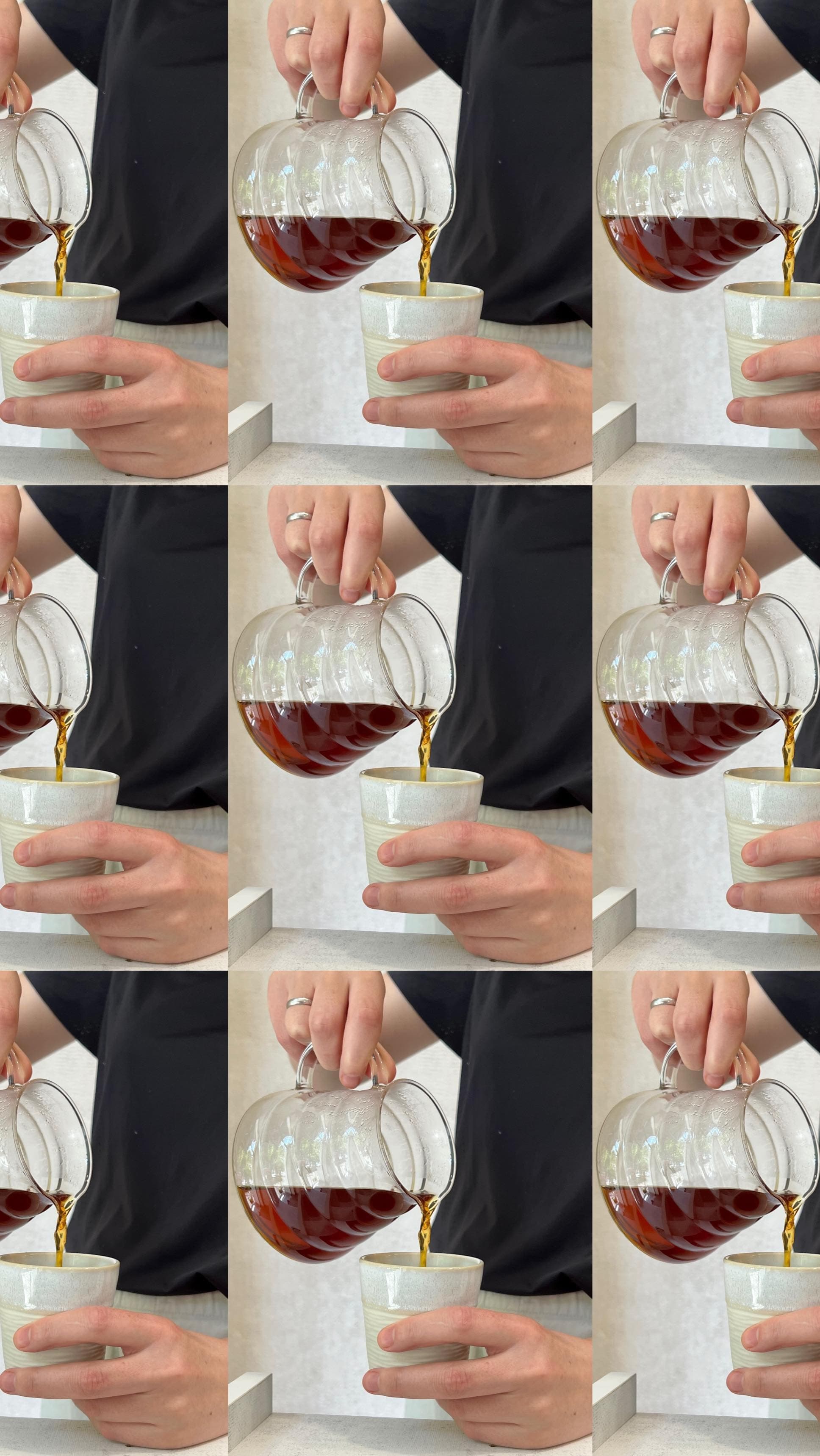 Grid of a person pouring coffee from a glass carafe into a ceramic cup.