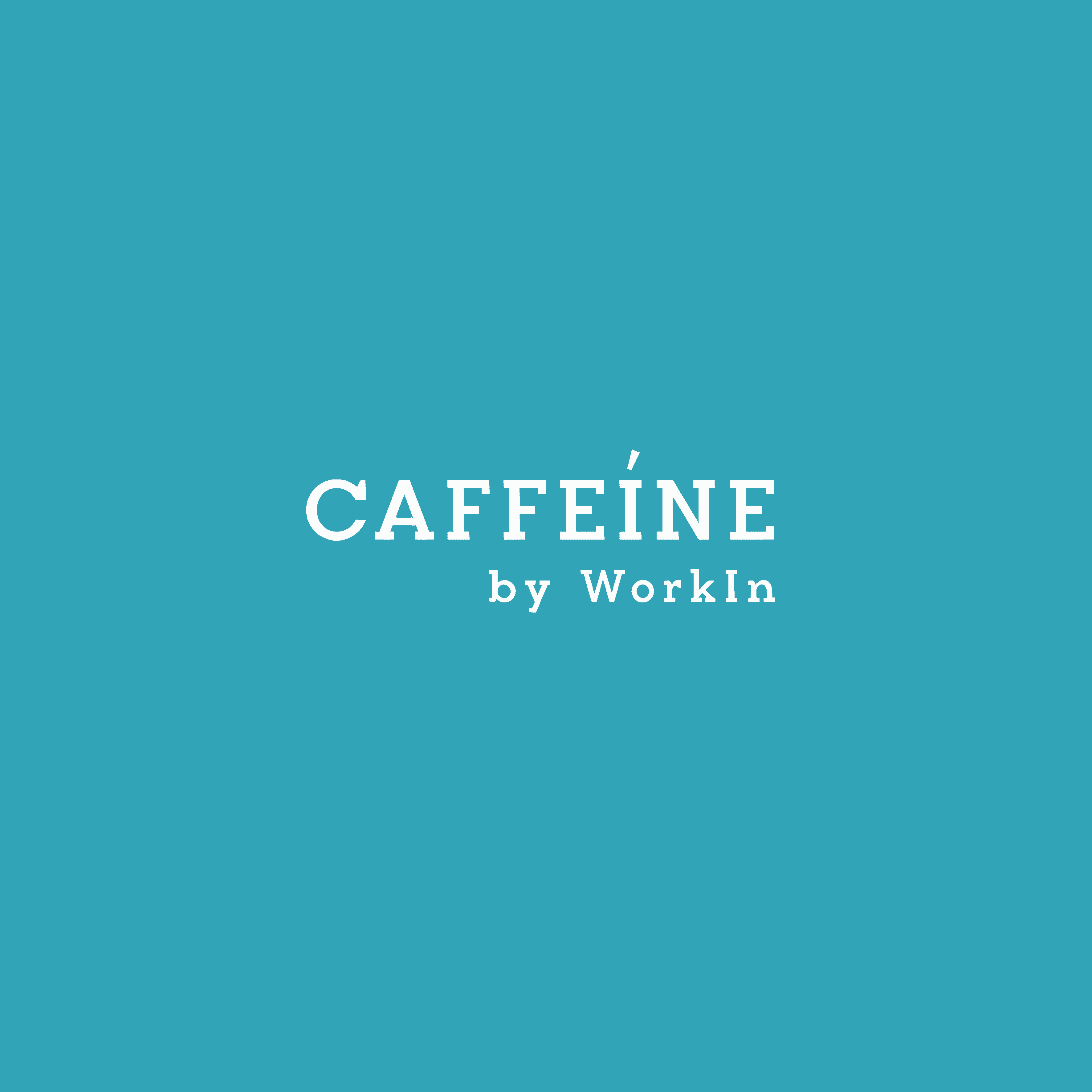 White serif text reading 'CAFFEÍNE by WorkIn' centered on a solid teal blue background.